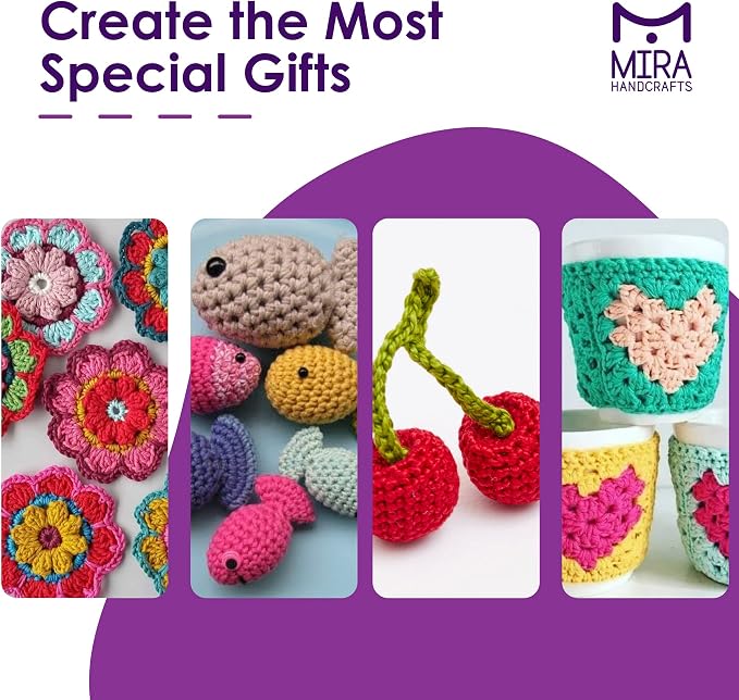 Mira HandCrafts Crochet and Knitting Starter Kit for Colorful Arts and Crafts - 24 Yarn Skeins with 525 Yards of Multicolored Thread, 2 Hooks, 2 Weaving Needles - Make Amigurumi, Scarves, and Throws
