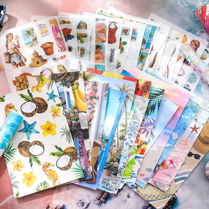PRSTINCOL Summer Beach Stickers Book,50 Sheets Vintage Ocean Sticker Book for Journaling Scrapbooking,8.3x5.5 Inch Aesthetic Surf Stickers for Adults Crafts