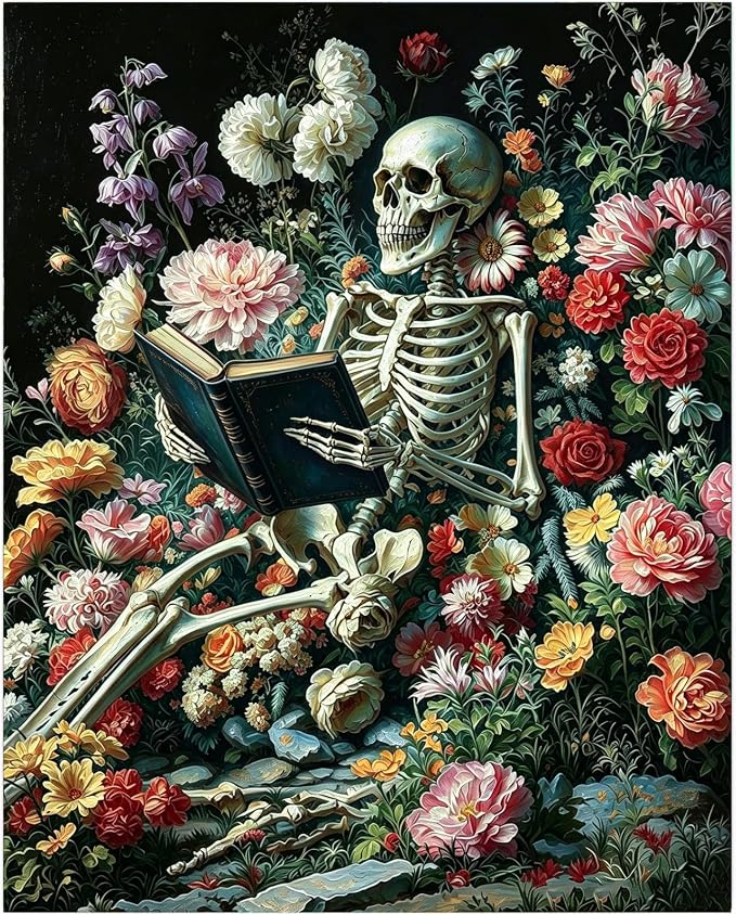 Gemozaic Gothic Paint by Numbers Kit for Adults - A Reading Book Skeleton | Halloween Skull Paint by Number for Adults, DIY Acrylic Numbers Painting for Home, Wall Decor, Gift, 16 x 20 INCH, No Frame