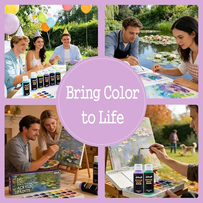 Artkey Acrylic Paint Set, 16 Colors 2 oz/59 ml Acrylic Paint Kit for Professional Artists & Beginners – Monet Inspired “Seeker of Radiant Light” Palette for Canvas, Wood, Fabric, Rock, Leather, Ceramic, Glass