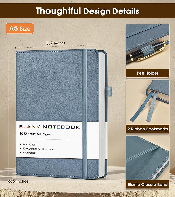 Journal Notebook, A5 Leather Hardcover Blank Sketchbook, 160 Pages, 180° Lay-Flat Binding, 100 GSM Thick Paper, for Sketching, Drawing, Art Journaling & Creative Writing (DustyBlue)