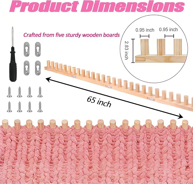 Helihuo 70”Wooden Loom for Chunky Blanket, Long Installation Free and Adjustable Foldable Portable Extra Loom, Beginner-Chunky Knitting for Beginners and Home Decoration (70”)