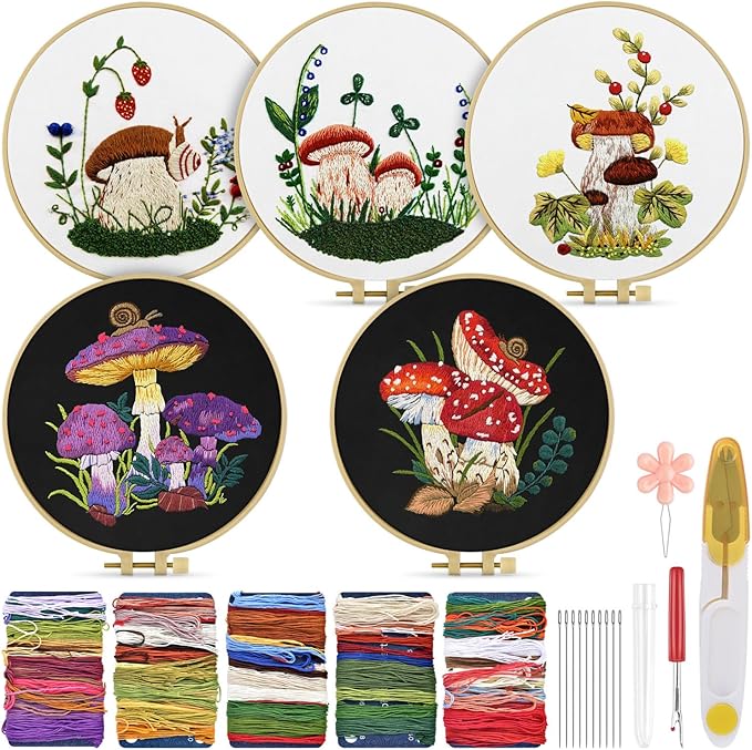 Embroidery Kit for Adult, 5 Sets Mushroom Embroidery Kit for Beginners | Include Embroidery Cloth Hoops Threads for Craft Lover Hand Stitch with Embroidery Skill Techniques