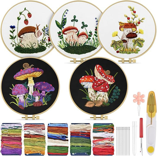 Embroidery Kit for Adult, 5 Sets Mushroom Embroidery Kit for Beginners | Include Embroidery Cloth Hoops Threads for Craft Lover Hand Stitch with Embroidery Skill Techniques