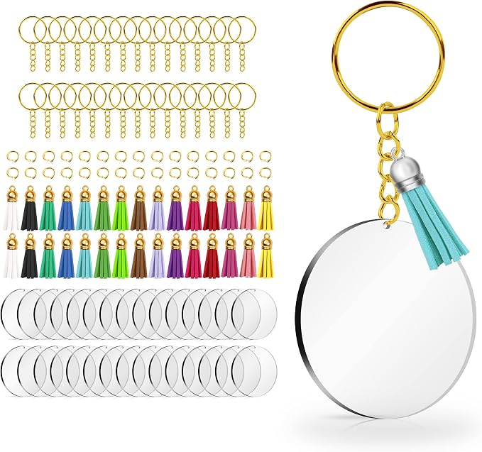 120 pcs Acrylic Keychain Blank Gold Kit | Gold Tassels, Rings & Jump Rings for Craft, DIY Jewelry Making