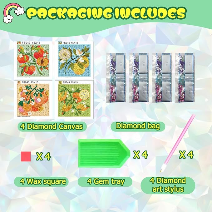 4 Pack Diamond Art Painting Kits for Kids, Small Diamond Art Kids 6x6 Inch | Fruit Diamond Art for Kids Ages 4-6-8-12 , Small Diamond Art Kits for Kids, Easy Art and Craft for Kids (no Frame)