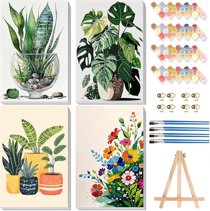 4 Pack Plant Paint by Numbers for Adults with Framed Canvas - Wooden Easel | Plant Paint by Number for Beginners, Easy Flowers Acrylic Oil Painting on Canvas with Brushes for Home Wall Decor (8x12 inch)