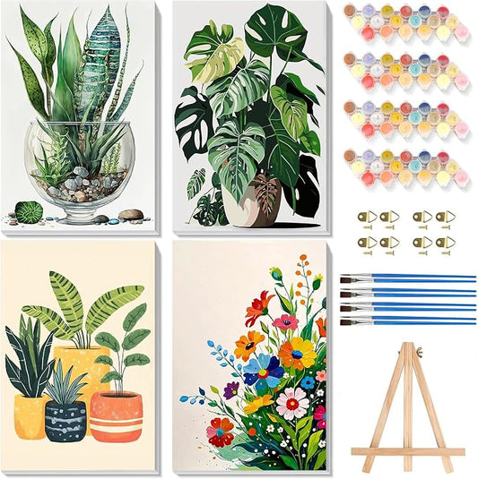 4 Pack Plant Paint by Numbers for Adults with Framed Canvas - Wooden Easel | Plant Paint by Number for Beginners, Easy Flowers Acrylic Oil Painting on Canvas with Brushes for Home Wall Decor (8x12 inch)