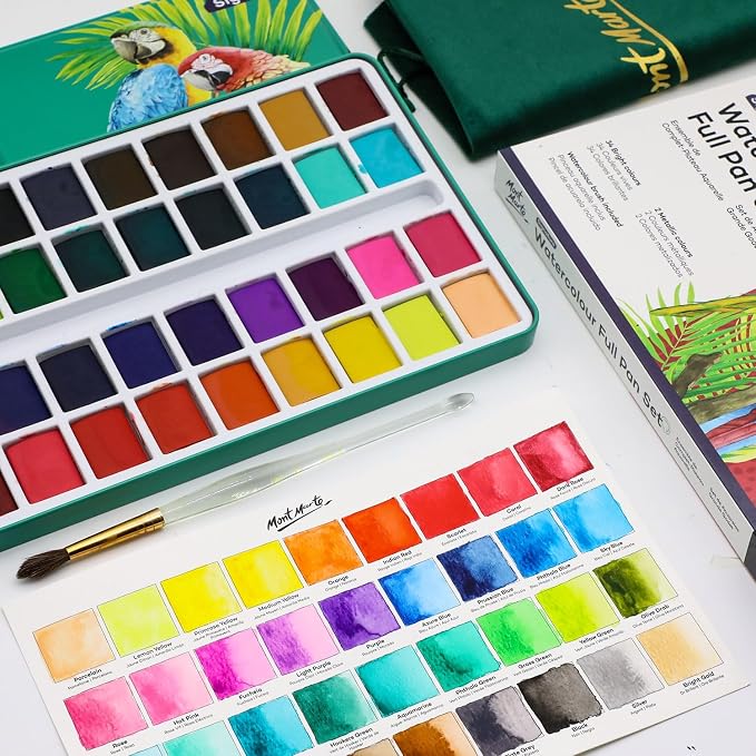 Mont Marte Watercolor Set Full Pan Signature in Tin, Vibrant 36 Colors, Multi-Color with Translucent Finish, Portable Watercolor Set