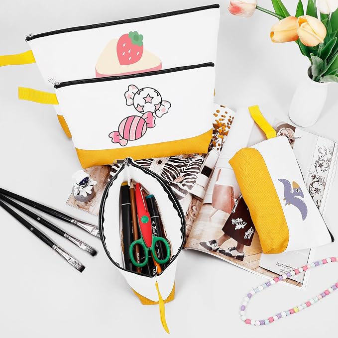 10 Pieces Cotton Canvas Makeup Bag with Bottom and Strap, Multi-Purpose Cosmetic Bag with Zipper Travel Toiletry Pouch, Blank DIY Craft Bag (White&Yellow, S)