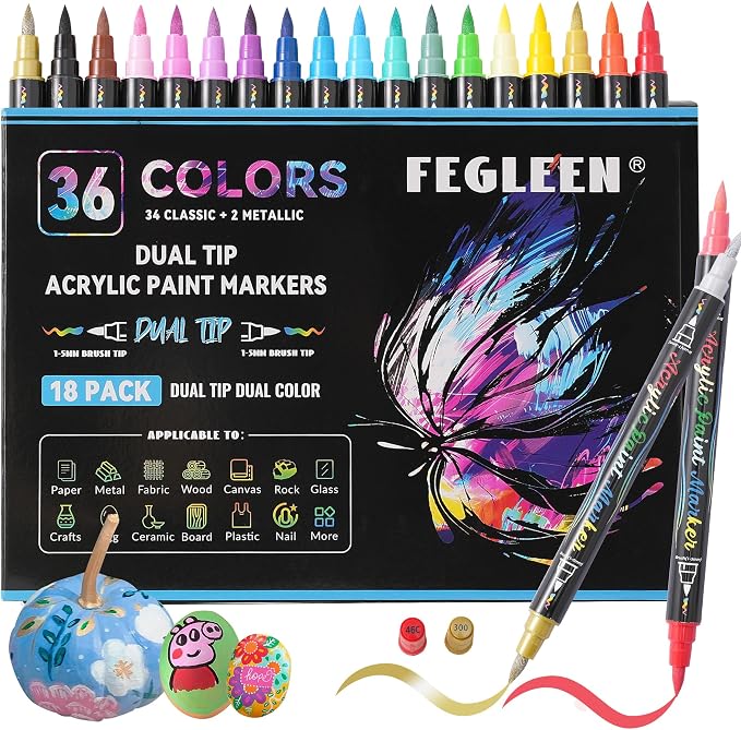 36 Colors Acrylic Paint Markers,18 Pack Dual-Color Acrylic Paint Pens with Brush Tip Contain 2 Metallic Colors for Rock Painting,Egg,Wood,Glass,Canvas,Fabric,Ceramic,Crafts,Art Supplies (36 Colors)