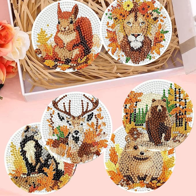 Diamond Art Coasters Kits, 8 Pcs Fall Animals Diamond Painting Coasters Kit