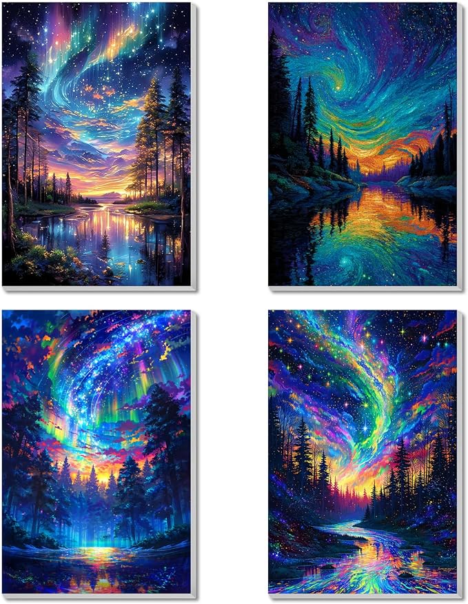 4 Pack Framed Paint by Numbers Kit for Adults Beginner Canvas Painting by Numbers for Adults Starry Night Easy Adult Paint by Number Kits with Frame Tree Watercolor Painting by Number 8x12 Inch