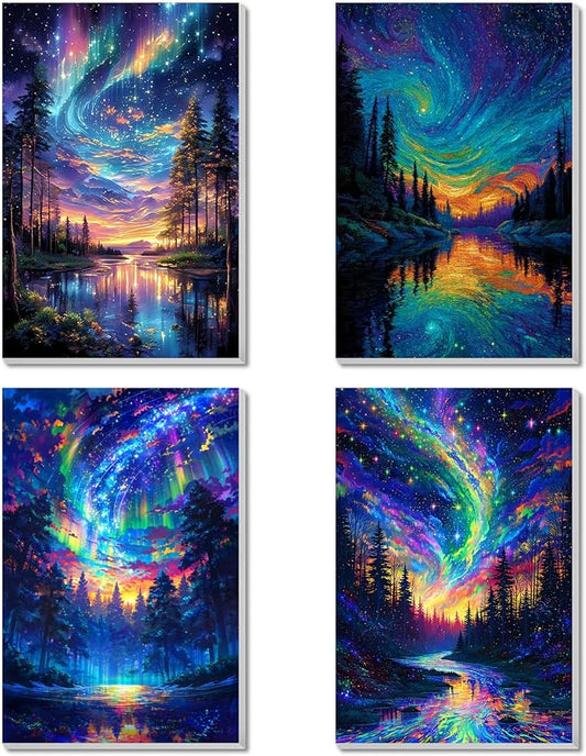 4 Pack Framed Paint by Numbers Kit for Adults Beginner Canvas Painting by Numbers for Adults Starry Night Easy Adult Paint by Number Kits with Frame Tree Watercolor Painting by Number 8x12 Inch