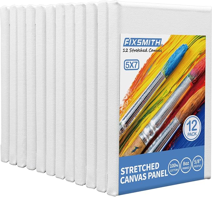 FIXSMITH Stretched White Blank Canvas- 5x7 Inch,Bulk Pack of 12,Primed,100% Cotton,5/8 Inch Profile of Super Value Pack for Acrylics,Oils & Other Painting Media.