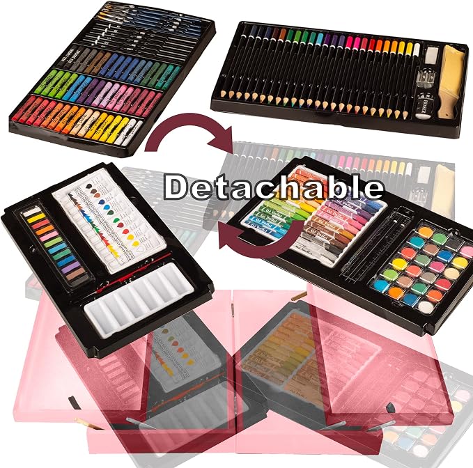 KINSPORY 168 Pack Wooden Art Set, Deluxe Painting Drawing Kit with 3 Coloring Books, Oil Pastels, Watercolor Paints, Art Crafts Supplies, Creative Gift for Beginners, Kids, Boys, Girls & Artists