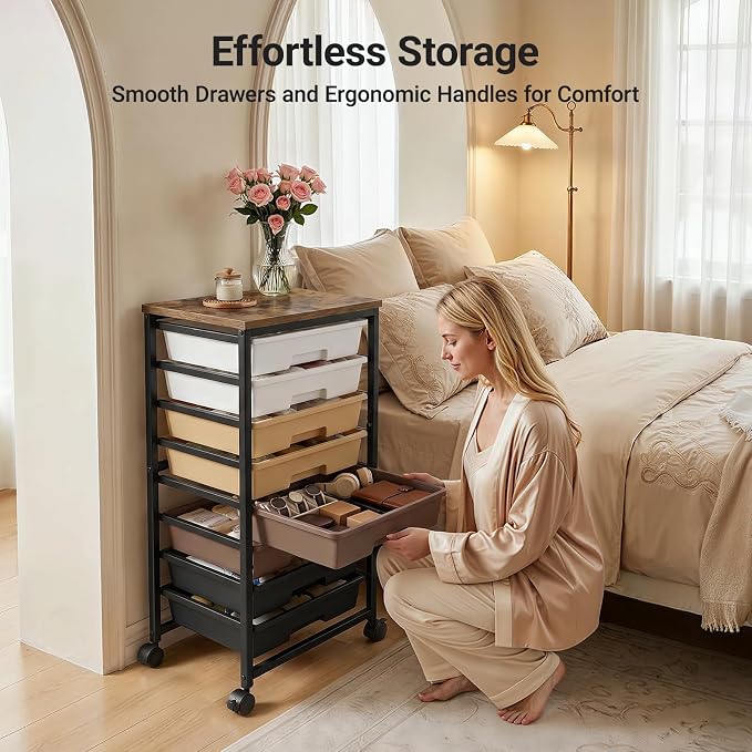 Pipishell Rolling Cart with 5 Drawers, Craft Storage Cart, Khaki Gradient