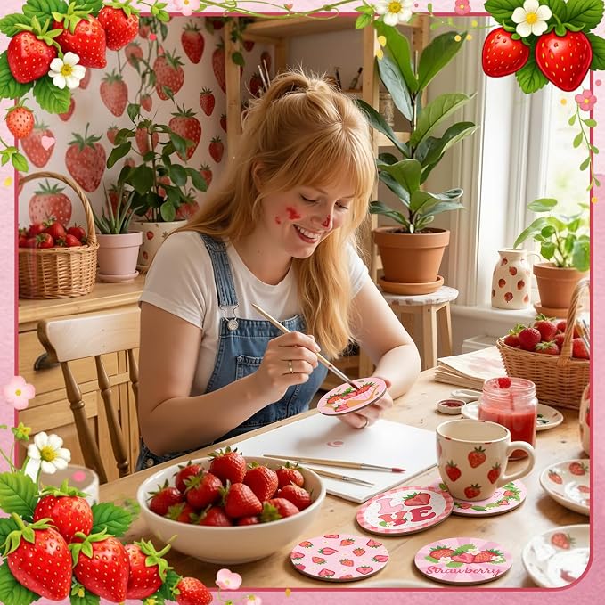 Reallnaive 8 Pcs Strawberry Paint by Numbers Kit for Adults Wooden Coasters | Mini Paint by Numbers, Tiny Pink Gnome Round Oil Painting Drink Coaster with Holder, for Small DIY Craft Birthday Gift