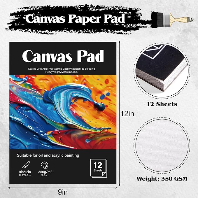 12 Sheets Canvas Paper Pad 9 x 12 in, 350 GSM, Glue Bound | Canvas-Textured Paper, Single-Sided Glue Binding, for Acrylic, Oil, Gouache, and Marker Painting