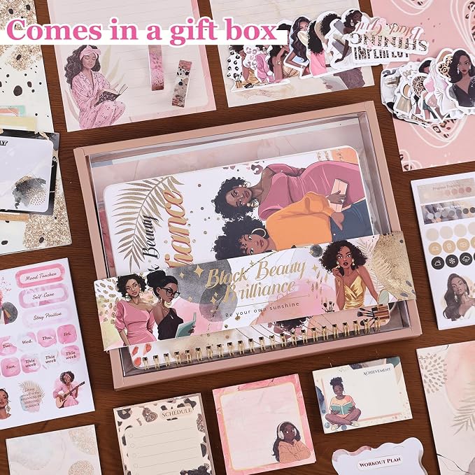Black Girl Weekly Planner Gift Set - 52 Weeks Undated Planner with 190+ Stickers, Washi Tape, Journal Supplies & Accessories for Teen Girls - Inspirational Productivity Organization Kit, Present Box
