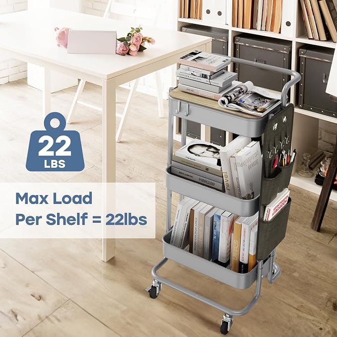 DTK 3-Tier Rolling Cart with Table Top, Metal Utility Cart with Side Bags
