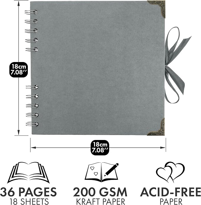 Bstorify Square Scrapbook Photo Albums 7 x 7 Inch Grey Hardcover with Ribbon Closure - Ideal for Scrapbooking, Art & Craft Projects | Hardcover with Thick 200 GSM Kraft Paper, Ideal for Your Scrapbooking Albums, Art & Craft Projects (Grey, 7 x 7 Inch)