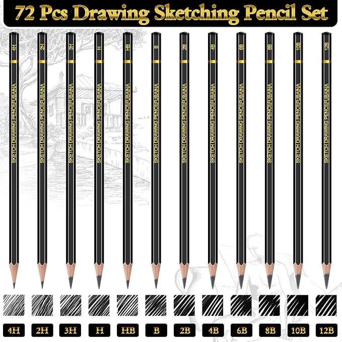 72 Pcs Sketching Pencils, 12B-4H Graphite Drawing Pencils | Art Set for Artists Beginners, Bulk Supply for Studios, Charcoal Graphite Blend, Shading Sketching, Gift-ready Packaging