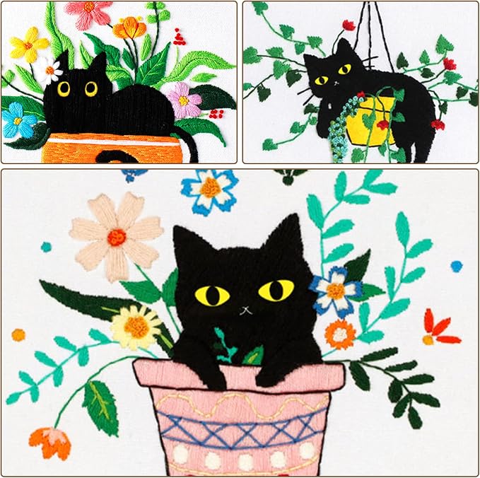 Nuberlic 3 Pack Embroidery Kit for Beginners with Cat Pattern