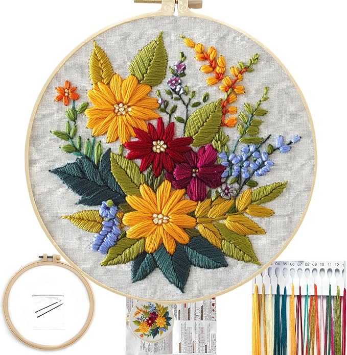 FONNUY Floral Embroidery Kit for Beginners, Colorful Flowers Pre-Stamped Pattern Kits for Adults with Hoop, Thread Needlework, 8'' Hoop (Zinnia)