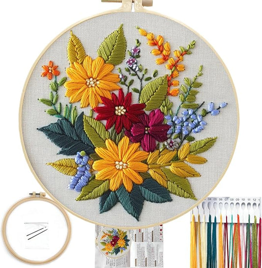 FONNUY Floral Embroidery Kit for Beginners, Colorful Flowers Pre-Stamped Pattern Kits for Adults with Hoop, Thread Needlework, 8'' Hoop (Zinnia)
