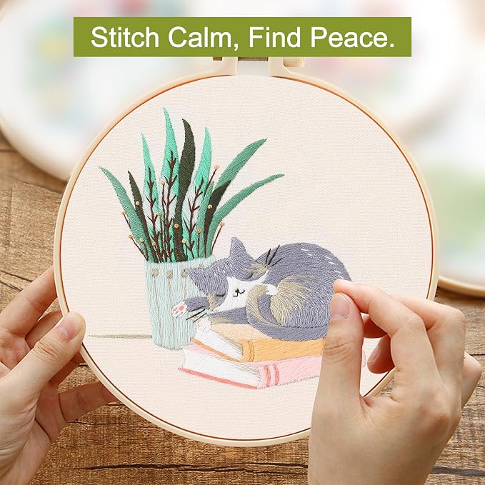 Santune 3 Pack Embroidery Kit for Beginners with Pattern, Cross Stitch Kits for Adults with Instructions,Needlepoint Kits for Adults Include 1 Embroidery Hoops,Color Threads and Needles(Cat)