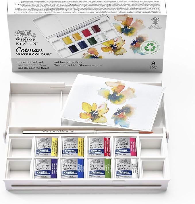 Winsor & Newton Cotman Watercolor Paint Set, 8 Half Pan, Floral Pocket Set | Introductory Watercolor made with Fine Art Pigments, Perfect for Beginners, Lightfast & Permanent, Good Tinting Strength