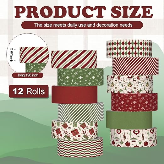 12 Rolls Vintage Washi Tape Set,Red and Green,Christmas | Vinatge Striped Santa Gifts Design for Xmas Scrapbook Journal DIY Craft Supplies, 15 mm Vintage Decorative Masking Washi Tape