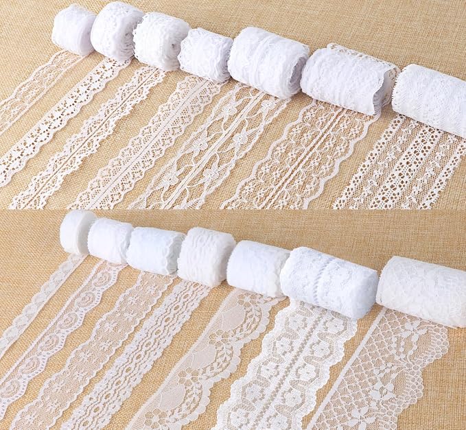 ilauke 46 Yards White Lace Ribbon 14 Rolls Vintage Lace Trims 0.6 to 2.1 inch Ribbon Laces with Assorted Pattern for Sewing, Crafts, Wedding Decor, Flower Ribbons, 3.28 Yards Each