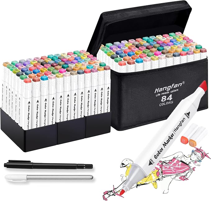 Art Markers, 84 Colors Alcohol Based Ink Broad&Fine Dual Tip Permanent Markers Pen Set with Case for Kids Professional Artist Coloring Drawing Sketching Outlining Marking