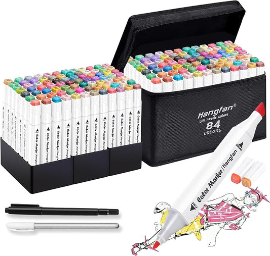 Art Markers, 84 Colors Alcohol Based Ink Broad&Fine Dual Tip Permanent Markers Pen Set with Case for Kids Professional Artist Coloring Drawing Sketching Outlining Marking