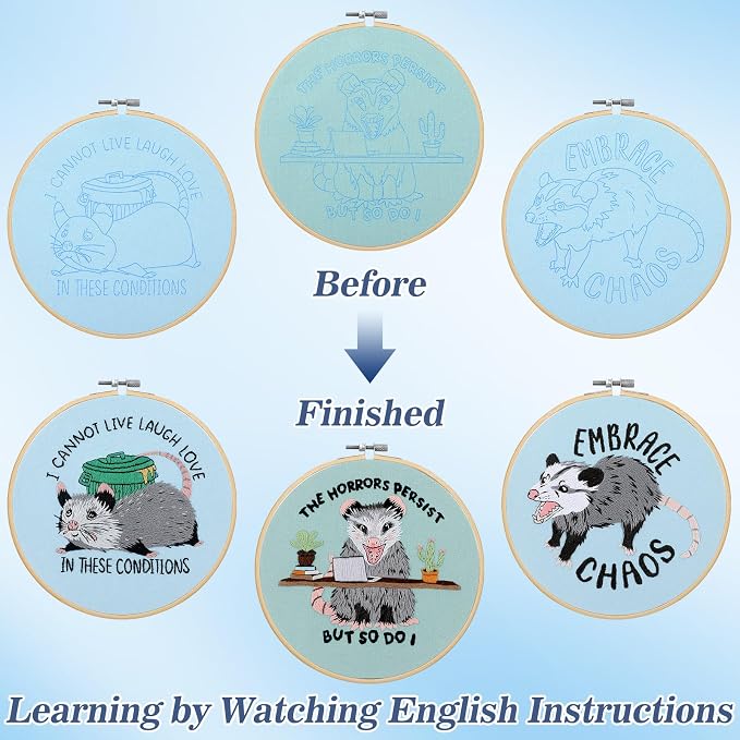 Mindsoft 3 Set Needlepoint Kit for Beginners with Hoop,Possum | Bamboo Hoop Thread Needles Instructions, Easy Hand Embroidery for Beginners Home Crafts,Pre-stamped Funny Cute Designs