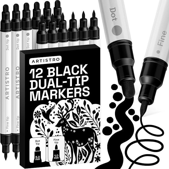ARTISTRO Black Dual-Tip Acrylic Paint Marker Pens - Set of 12 | For Fabric, Rock, Glass, Wood, & Coloring Books, Arts & Crafts Gift, Classroom Must Haves & School Supplies (Dot & Fine Tips)