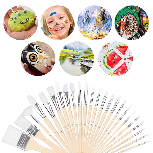 Amazon Basics Multi-shaped Polyester Paint Brushes for Acrylic, Oil, Watercolor, Gouache, Fine Detailing, Face Painting, 24 Count Different Sizes, Wood Color