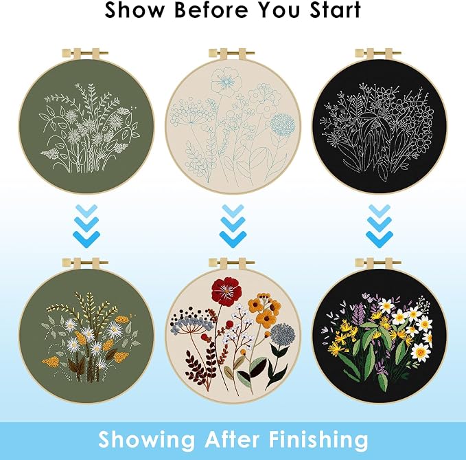 ERKOON 3 Sets Embroidery Kit, Floral Cross Stitch Set for Include Embroidery Cloth Hoops Threads for Craft Lover Hand Stitch (Plants & Flowers)