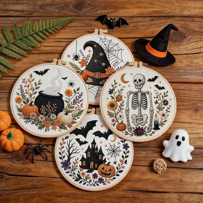 Halloween Embroidery Kit, Skeleton Cross Stitch Kits, 4 Set Craft Kits for Beginners with Pre-Printed Embroidery Fabric, Hoops, Step-by-Step Instructions, Color Threads & Needles (Halloween-4 Set)