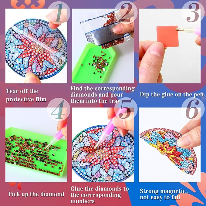 Zonon 12 Pcs Diamond Art Magnets Mandala Diamond Painting Kits Fridge | Multicolor Mandala Flowers, Painting Magnetic Stickers for Adults, Fridge Home Decor, Art Kit with Colorful Designs