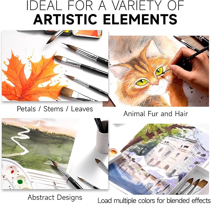 Watercolor Brush Set, Fuumuui 7pcs Professional Sable Paint Brushes with Extended Needle, Round Point, Flat, Dagger, Cat's Tongue for Watercolor, Acrylic, Gouache – Detail & Wash Painting