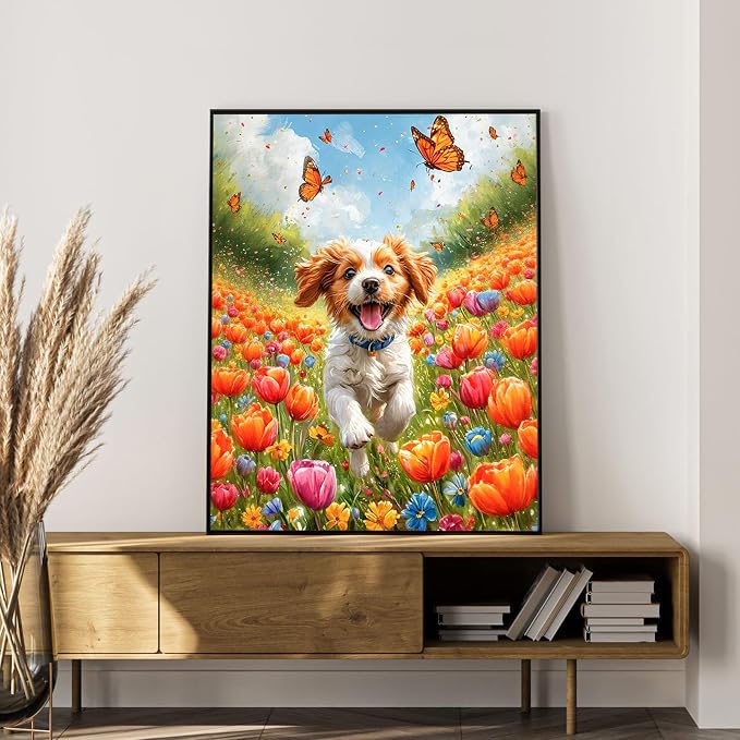 Paint by Numbers Kit for Adults, Happy Puppy & Tulip Design, 16x20 Inch