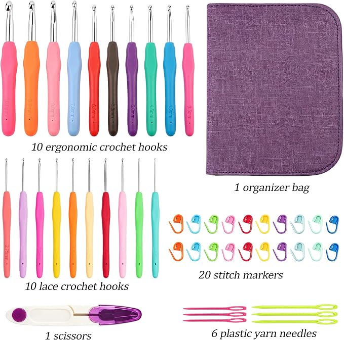 Yarniss 20 Sizes Ergonomic Crochet Hooks Set for Beginner 0.5mm-10mm | Soft Grip Crochet Hooks Set with Portable Bag,Purple