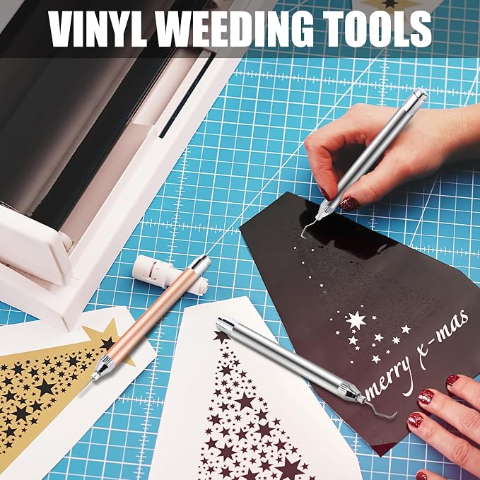 Therwen 2 Pcs LED Vinyl Weeding Pen Tools with Hook Tips, Rose Gold, Silver | Built-in LED Light, Tiny Vinyl Detail Removal, for Heat Transfer, Compatible with Silhouette Machines