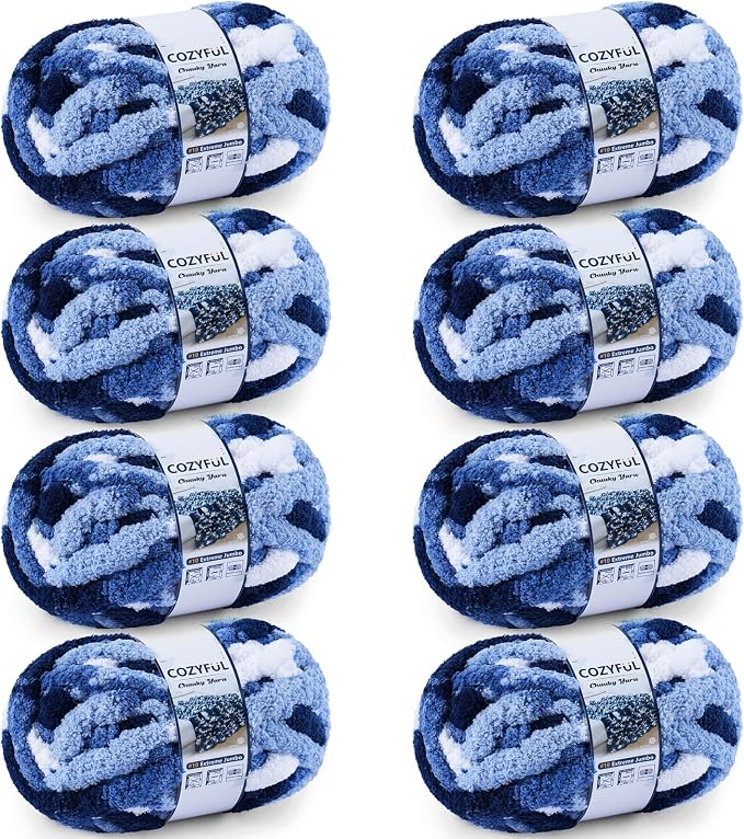 Cozyful Chunky Yarn for Hand Knitting - #10 Chunky Chenille Blanket Yarn, Jumbo Big Thick Chunky Yarns for Crocheting, Tie Dye Bulky Knit Yarns, 8 Skein (20 yds 8 oz Each Skein), Multi Blue & White