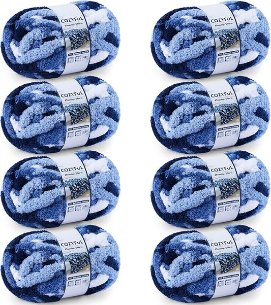 Cozyful Chunky Yarn for Hand Knitting - #10 Chunky Chenille Blanket Yarn, Jumbo Big Thick Chunky Yarns for Crocheting, Tie Dye Bulky Knit Yarns, 8 Skein (20 yds 8 oz Each Skein), Multi Blue & White