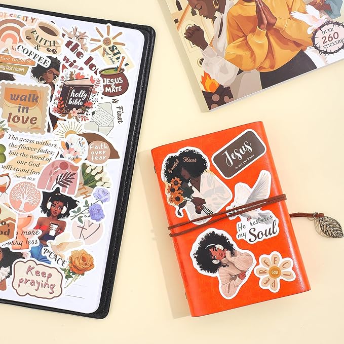 260+ Christian Stickers for Black Girls, Waterproof Vinyl Religious Bible Verse Sticker Book for Water Bottle Laptop Scrapbook Journaling Planner, Bible Study Prayer Vision Board Supplies for Women