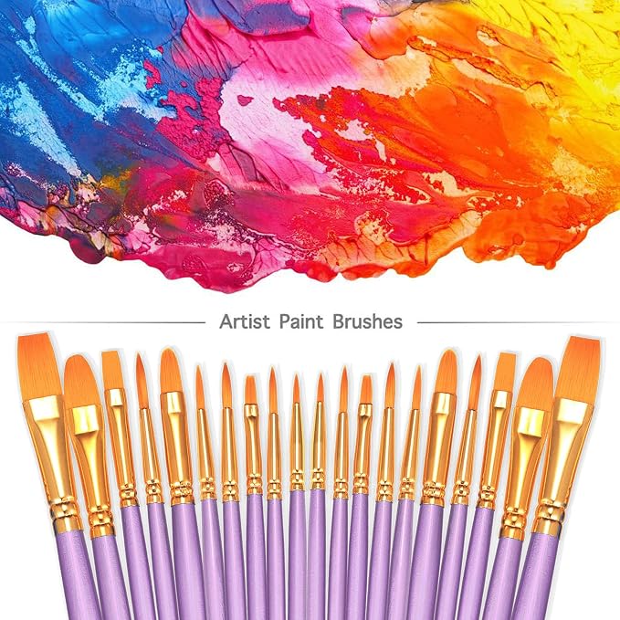 BOSOBO Paint Brushes Set, 20 Pcs Small Paint Brush Kit Round Flat Tip Nylon Hair, for Acrylic Painting, Watercolor, Oil Painting, Kids Face Nail Art Canvas Rock Craft, Art Supplies, Purple